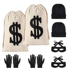 two bags with masks and gloves next to each other, one has a dollar sign on it