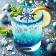 a blue and green drink with lemon slice on the rim, surrounded by christmas decorations