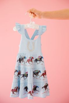 MINI KIDS RACING SEASON BLUE DRESS* DRESS Judith March Horse Jockey, Unique Dress, Ruffle Shorts, Silver Rhinestone, Unique Dresses, A Horse, Blue Dress, Blue Dresses, Derby