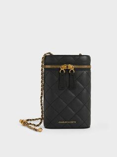 Black Mini Apfra Quilted Elongated Bag | CHARLES & KEITH Elegant Rectangular Phone Bag With Zipper, Elegant Phone Bag With Zipper Closure, Rectangular Phone Bag With Gold-tone Hardware For Travel, Elegant Phone Bag For On-the-go, Elegant Rectangular Phone Bag For Travel, Modern Quilted Bag For Formal Occasions, Charles And Keith Bags, Classic Vanity, Vanity Case