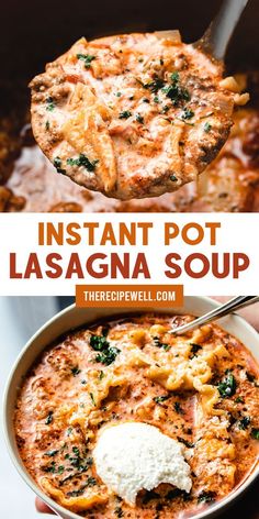 instant pot lasagna soup in a white bowl