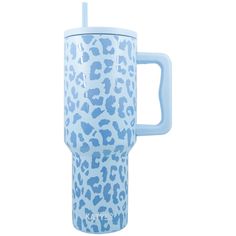 a blue and white leopard print travel mug on a white background with the lid open