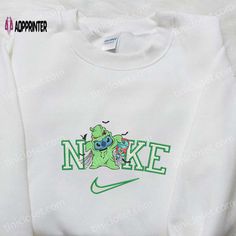 Introducing the Nike x Sally Stitch Oogie Boogie Embroidered Shirt, a collaboration that brings together style and creativity. This amazing Casual Streetwear Tops With Machine Embroidery, Casual Tops With Machine Embroidery For Streetwear, Casual Machine Embroidered Tops For Streetwear, White Machine Embroidered Tops For Streetwear, Halloween Streetwear Embroidered Top, Halloween Embroidered Streetwear Top, Casual Halloween Top With Embroidered Logo, Embroidered Green Tops For Streetwear, Elemental Characters