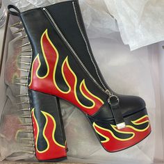 Brand New In Box! Halloween Heels, Black Boot Heels, Fire Boots, Fire Outfits, Spike Heels, Famous Footwear, Pretty Shoes, Fit Check, Slipper Boots