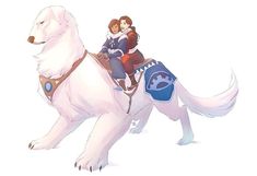 two people riding on the back of a white dog in front of a white background