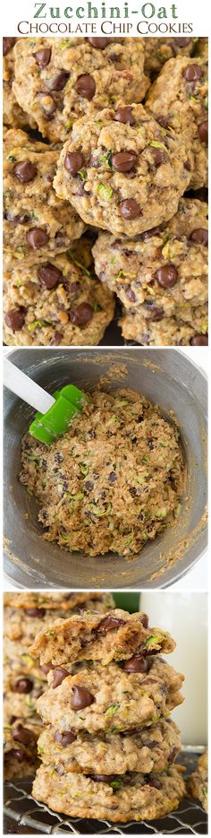 the process of making cookies is shown in three different pictures, including one with chocolate chips and