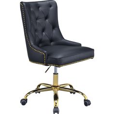 a black leather office chair with gold studding