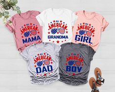 three shirts with the words american girl, grandma and boy on them next to sandals