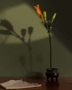 an orange flower in a vase on a table next to a white sheet of paper