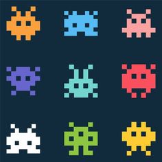 an image of pixel art with different colors and shapes on it's side, including four