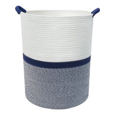 a white and blue basket with handles