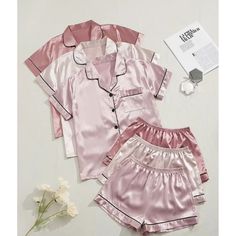 3pack Women's Satin Sleepwear Short Sleeve Top And Shorts Pajama Sets. Brand New In Packages, They Do Not Have Tags Size Medium Measurements Shorts Waist W/O Stretching 12 Stretching Up To 21 Top Pit To Pit 19 Length 24 Plus Size Pyjamas, Pyjama Satin, Lapel Top, Cute Pjs, Cute Pajama Sets, Satin Sleepwear, Plus Size Pajamas, Cute Pajamas, Satin Pyjama Set