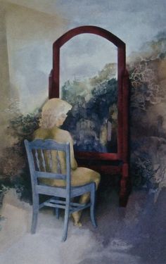 a painting of a person sitting in a chair looking at a mirror