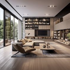 a modern living room with wooden floors and large bookshelves on the wall behind the couch