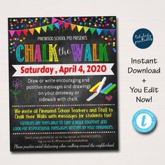 chalk the walk sign with colorful confetti and streamers on blackboard background