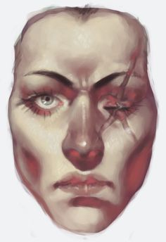 a woman's face is shown with red and white paint on the upper half of her face