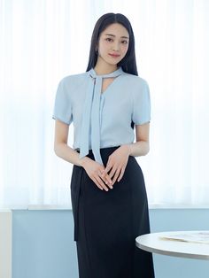 Composition : Shell: rayon 62% polyester 28% nylon 10%Color : BLUE_5(55),BLUE_6(66),WHITE_5(55),WHITE_6(66)Country of Origin : China Blue Fitted Tie Neck Tops, Blue Tie Neck Blouse For Work, Blue Tie Neck Top For Office, Blue Fitted Blouse With Tie Neck, Blue Fitted Tie Neck Blouse, Blue V-neck Office Blouse, Light Blue Summer Tops For Business Casual, Spring V-neck Office Wear Tops, Light Blue Tops For Business Casual Summer