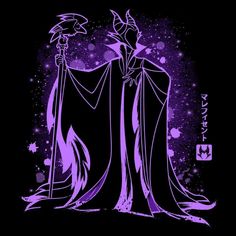 the evil queen from disney's sleeping beauty is shown in this purple and black background