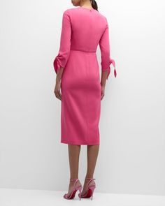 Carolina Herrera Wrist-Tie Wool Midi Dress | Neiman Marcus Evening Dress With Tie Sleeves, Elegant Fitted Midi Dress With Tie Sleeves, Chic Evening Dress With Tie Sleeves, Chic Fitted Midi Dress With Tie Sleeves, Fitted Fall Dress With Tie Sleeves, Formal Fitted Dress With Tie Sleeves, Elegant Party Dresses With Tie Sleeves, Elegant Long Sleeve Dress With Tie Sleeves, Elegant Workwear Dresses With Tie Sleeves