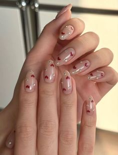 Nail Design Ideas Valentines Day, Valentine Nails Designs For Short Nails, Sequin Heart Nails, Nail Hearts Design, Nail Art Designs Valentines Day Style, Short Almond Nails Coquette, Nail Ideas For Valentines Day Short, Neutral Color Design Nails, Valentines Inspo Nails