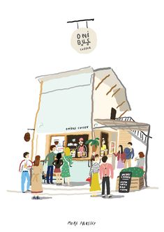 an illustration of people standing in front of a coffee shop