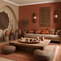 a living room filled with furniture and lots of pillows on top of a rug next to a coffee table