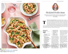 a magazine page with an image of shrimp and pasta