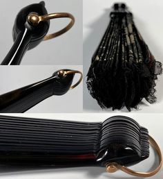 an open black purse with gold details and some hair on the inside, along with other images