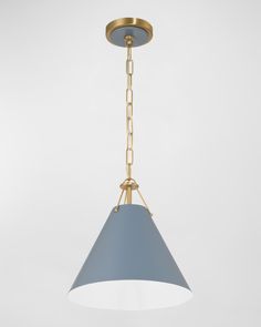 a blue and white pendant light hanging from a ceiling fixture with a chain attached to it