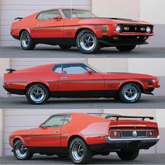 three different views of a red muscle car