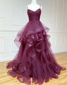 Prom Dresses Purple, Purple Tulle, Prom Dresses 2022, Spaghetti Strap Prom Dress, Prom Dress Ideas, Dresses Purple, Long Prom Gowns, Custom Size Dresses, Cute Prom Dresses