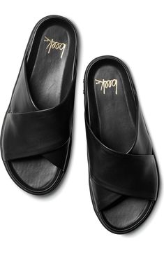 Black Leather Footbed Platform Slide Slippers, Black Leather Slide Platform Slippers, Leather Open Toe Platform Slippers With Arch Support, Platform Slide Sandals, Products Packaging, Modern Classic Style, Winter Lookbook, Pre Fall Collection, Clog Heels