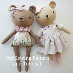 two stuffed animals are sitting next to each other with the words pdf sewing pattern and tutorial written below