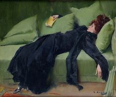 a painting of a woman laying on a green couch