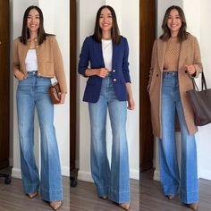 Jeans With Blue Blazer Outfit, 2024 Outfit Trends For Women Spring, 90s Jeans Work Outfit, Fashion For 30 Somethings, Work Outfit Jeans Winter, Denim Trousers Women Outfit, Wear Jeans To Work Women, Jeans And Jacket Outfit Classy, Stylish Outfits With Jeans