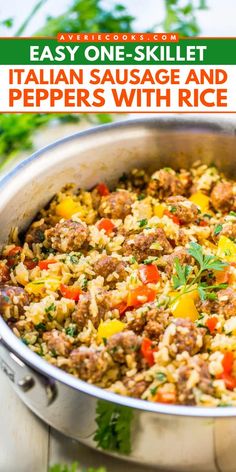 Whip up this one-skillet sausage and peppers with rice! Loaded with Italian sausage, bell peppers, onions, and rice, it's an easy homemade meal you'll surely love. It's also a quick weeknight dinner in just 30 minutes! Sausage And Peppers With Rice, Ground Sausage Recipes, Sausage Recipes For Dinner, Sausage Rice, Sausage Dinner, Rice Skillet, Italian Sausage Recipes, Ground Italian Sausage, Hot Sausage