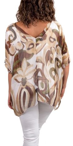 V-Neck Silk Blouse Featuring a Colorful Swirl Print. Short Sleeved Finished with Wide Double-Layered Hem. Exterior 100% Silk | Interior 95% Viscose, 5% Elastic Model 5'8" One Size Made in Italy V-neck Beach Top With Abstract Print, Printed Beige V-neck Top, Patterned Blouse With Abstract Print For Beach, Patterned V-neck Beach Blouse, Beige Printed V-neck Blouse, Patterned V-neck Blouse For The Beach, V-neck Blouse With Abstract Print For Vacation, Beach Blouse With Abstract Print, V-neck Beach Tops With Abstract Print