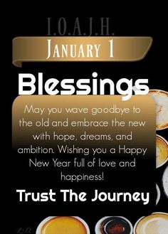 a black and gold happy new year card with coffee cups