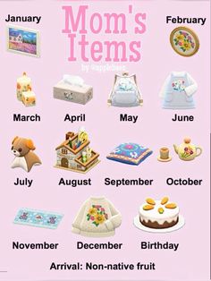 a pink poster with different items for mom's birthdays and other special events