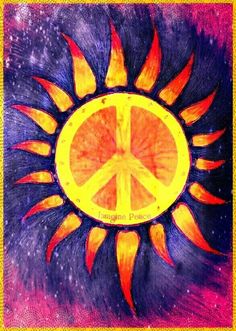 a peace sign painted on top of a purple and yellow background with sunflowers