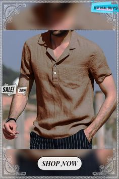 Men's Linen Shirt Camp Collar Summer Short Sleeve White Brown Plain Casual Daily Clothing Apparel Front Pocket Brown V-neck Shirt For Summer, Brown Casual Collar Top For Summer, Brown Summer Top With Casual Collar, Brown Casual Collar Tops For Spring, Collared Brown T-shirt For Summer, Brown Tops With Casual Collar And Pockets, Brown Tops With Pockets And Casual Collar, Casual V-neck Shirt With Pockets, Casual Linen Top With Collar