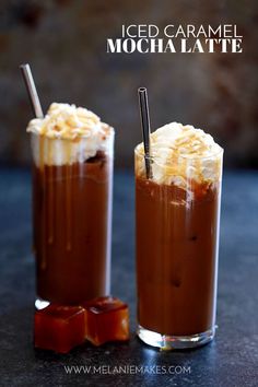 two iced caramel mocha lattes on a table