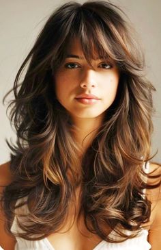 Shag With Bangs Long Hair, Trending Haircuts For Women Long Layered, Retro Wavy Hair, Jlo Bangs Long Layered, Layered Hair With Full Bangs, Farrah Faucette Hair, Sparse Hair Hairstyles, Long Layered Hairstyles With Bangs, French Chic Hair