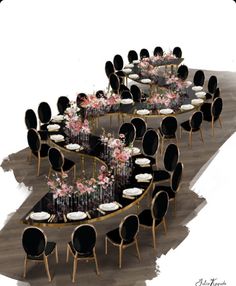 an artist's rendering of a dining room set up with round tables and black chairs