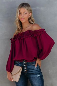 Play up your sweet side in a frilled blouse! Our Lalette Off The Shoulder Ruffle Blouse comes in wine. Designed with a ruffle trim and long sleeves. This billowy top pairs best with high waisted denim. Sequin Formal Dress, Mini Necklace, Quilted Puffer Jacket, Pointed Heels, Chiffon Long Sleeve, High Waisted Denim, Chiffon Fabric, Ruffle Trim, Off Shoulder Blouse