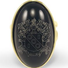 The ultimate statement ring. Show off your regal style with our stunning Alpha Gamma Delta Duchess ring! Named Duchess for its beauty and elegance. Created exclusively by us, this is a one of a kind sorority ring. The ring is made with 14k gold plated brass and polished black onyx. The stone is laser inscribed with ΑΓΔ Sorority Crest for a special personal touch. The perfect gift for any occasion! Please select ring size (5 6 7 8 9) from the drop-down box . * Officially Licensed Product - passed Classic Black Engraved Ring, Black Jewelry With Engraving Option For Anniversary, Elegant Personalized Black Signet Ring, Personalized Elegant Black Signet Ring, Elegant Black Jewelry With Engraving Option, Formal Black Engraved Ring With Engraving Option, Black Anniversary Rings With Engraving Option, Black Engraved Ring For Formal Occasions, Formal Personalized Black Signet Ring