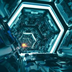 the inside of a sci - fi space station looking down at its surroundings and lights