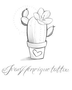 a black and white drawing of a cactus in a pot with hearts on the side