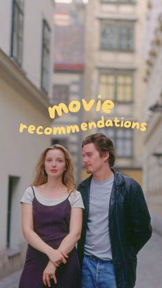 a man and woman standing next to each other in front of a building with the words movie recommendations written on it