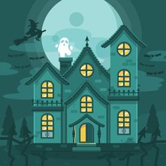 a house with a ghost on the roof at night